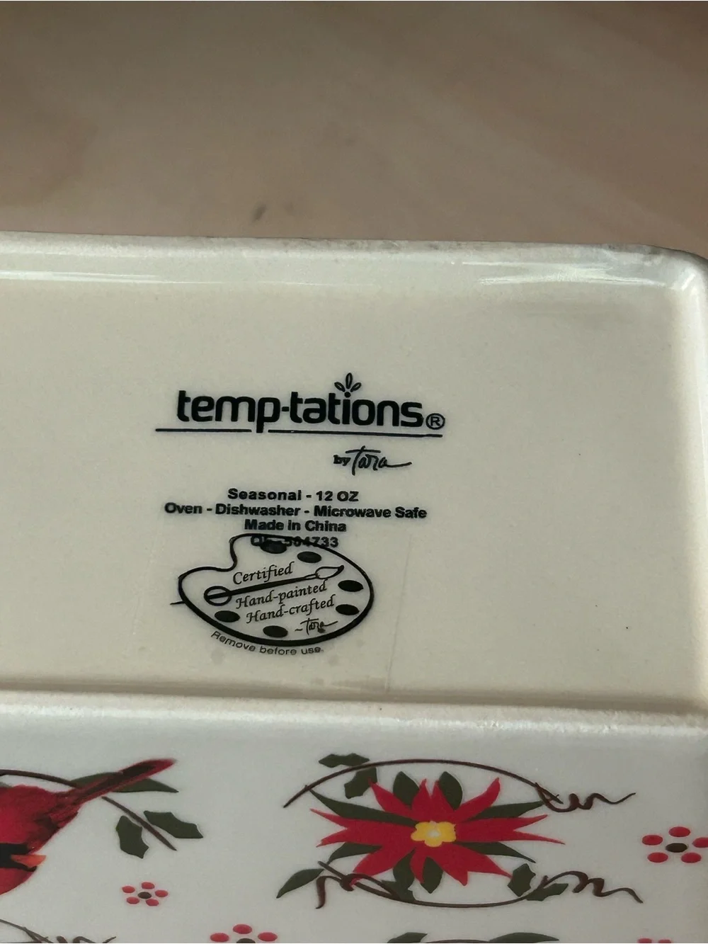 Temp-Tations Cream Ceramic Serving Baker with Red Floral and Green Trim